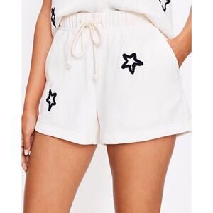 Lou & Grey Star Print Terry Shorts Drawstring Cream Navy Lounge Size Medium